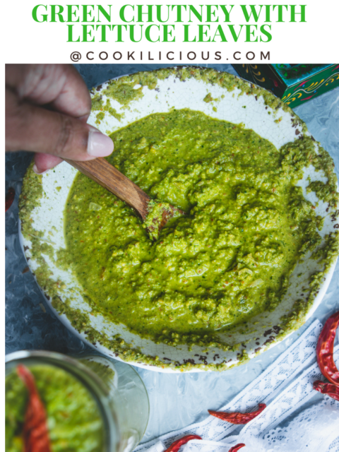 A hand dipping a wooden spoon into a bowl of Indian Green Chutney with Leftover Lettuce Leaves with text on top