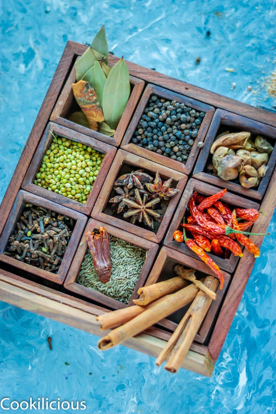 a masala box filled with dry spices used to make garam masala