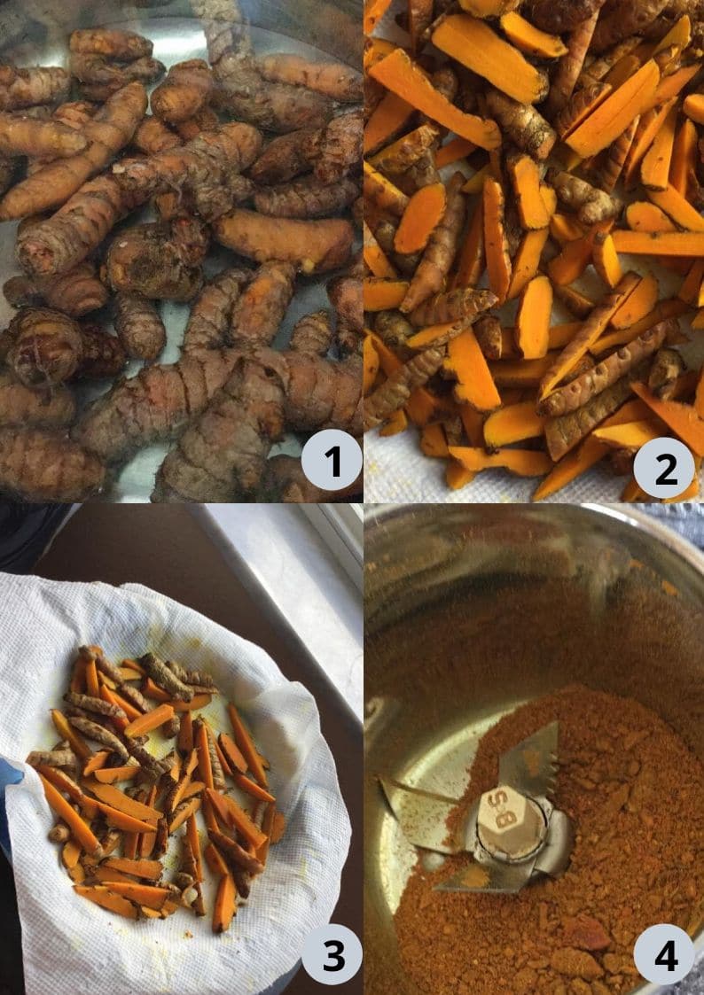 4 image collage showing the steps to make turmeric powder