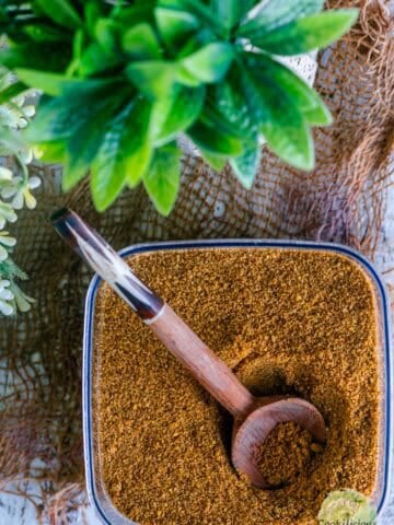 Top view of a container filled with idli milagai podi with a wooden spoon in it.