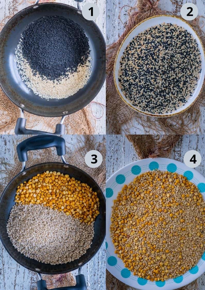 4 image collage showing how to make homemade idli podi.