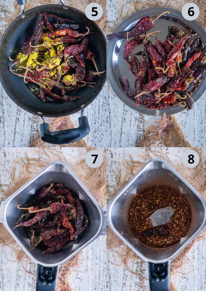 4 image collage showing the steps to making milagai podi at home.