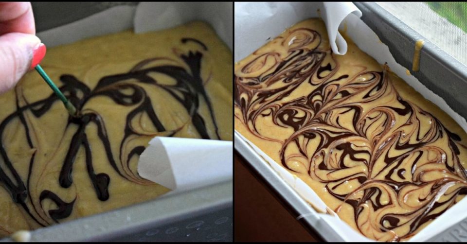 2 image collage showing how to create a marble loaf cake
