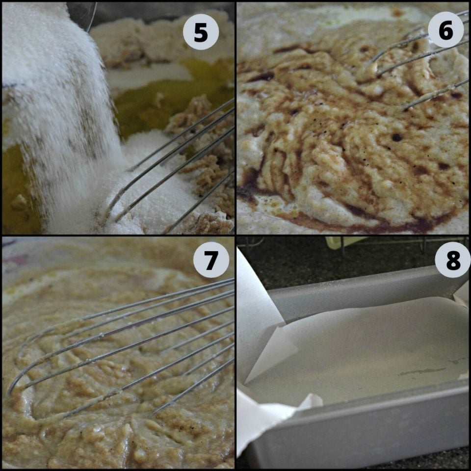 4 image collage showing the steps to make Eggless Chickoo Fig Loaf Cake