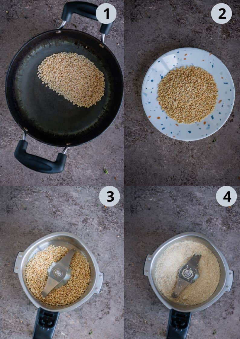 4 image collage showing how to make urad dal flour for Thattai recipe.