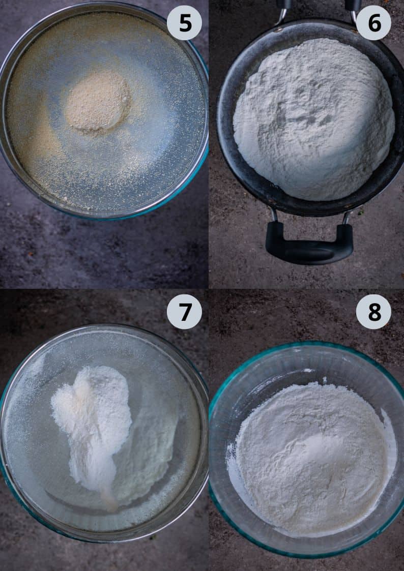 4 image collage showing how to prep the rice flour when making traditional Thattai Muruku.