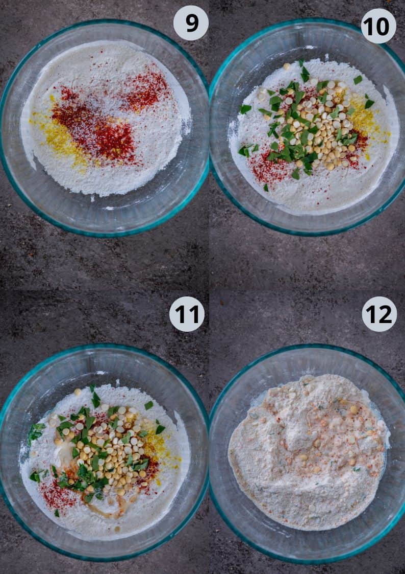 4 image collage showing the process of making thattai dough.