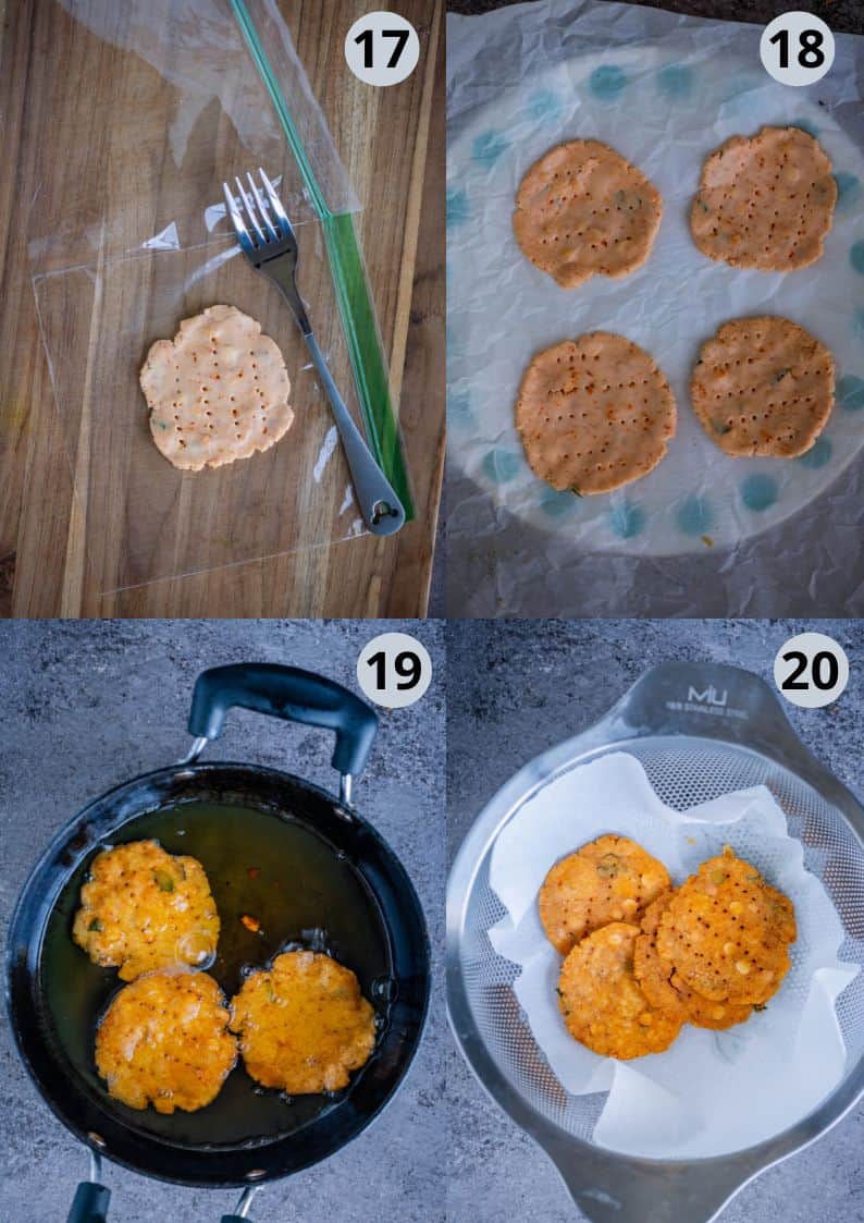 4 image collage showing how to shape and fry thattai.