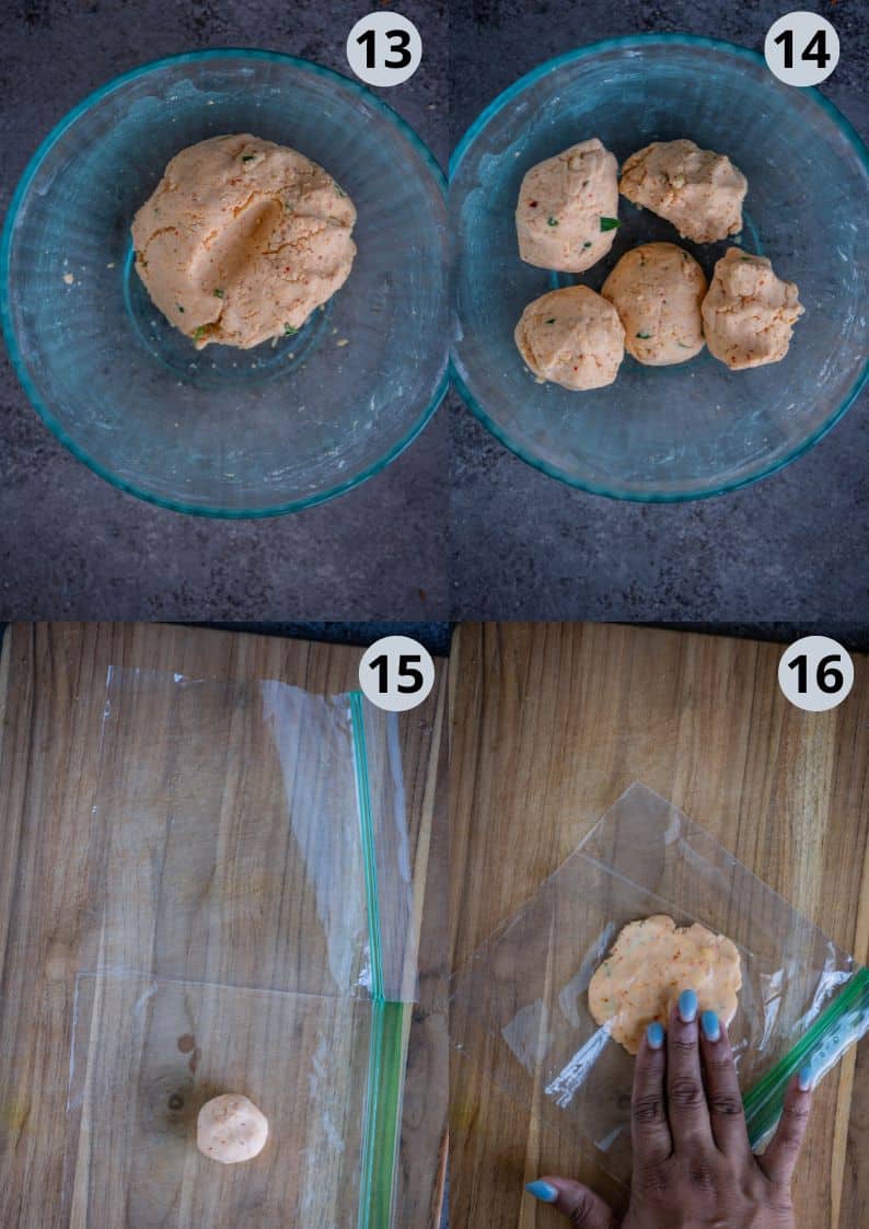 4 image collage showing the process of shaping and making homemade Thattai.