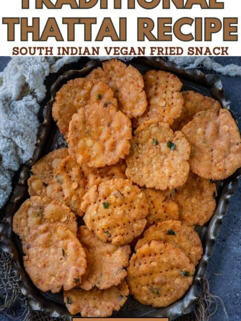 Tamil-style Thattai snack served in a tray and text at the top and bottom.