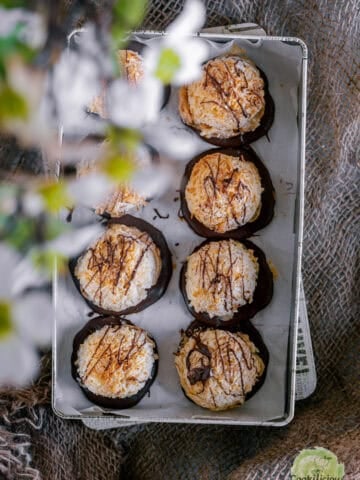 Chocolate Coconut Macaroons served in a box.