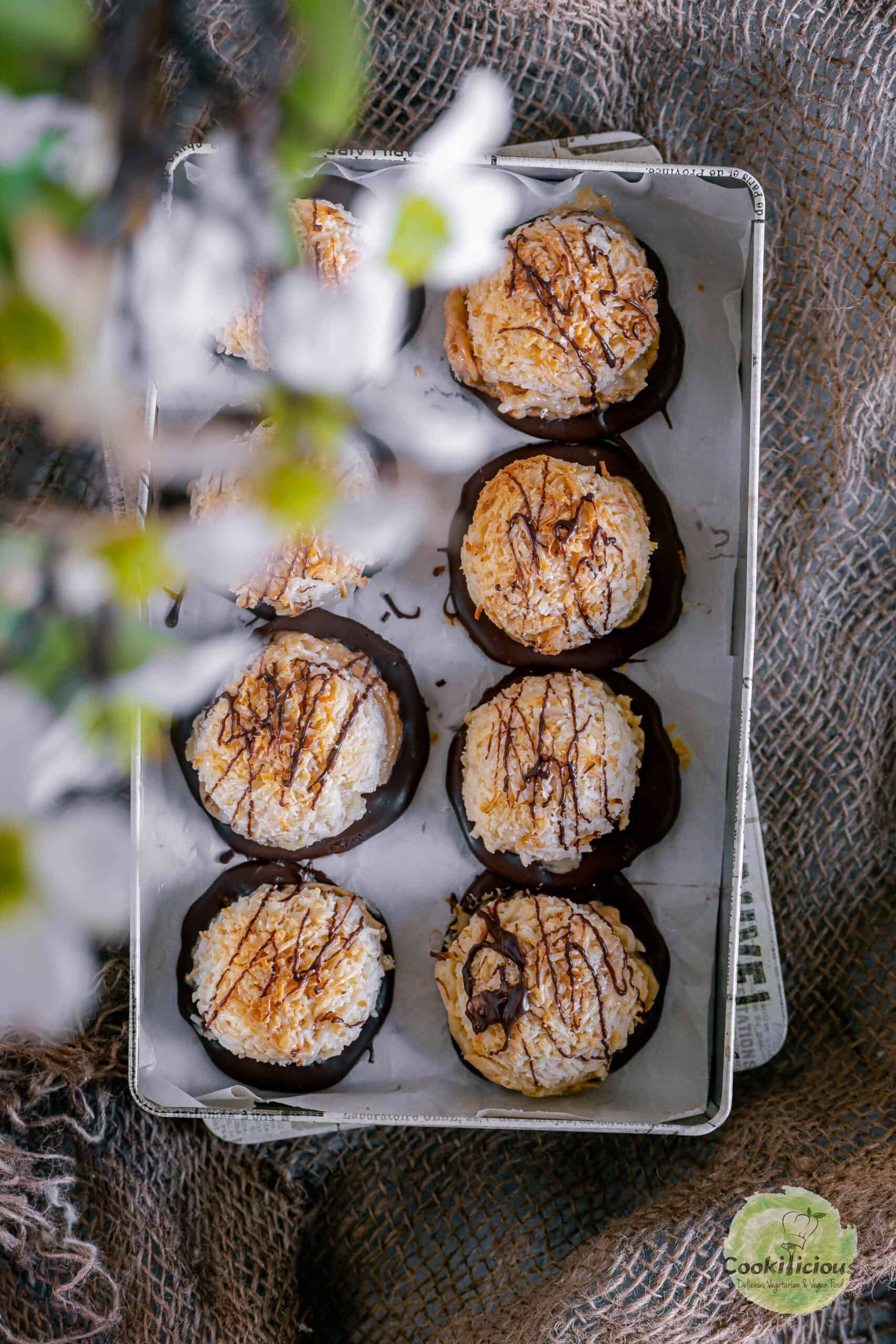 Chocolate Coconut Macaroons served in a box.