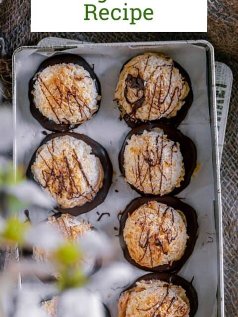 Chocolate Coconut Macaroons served in a box and text at the top.