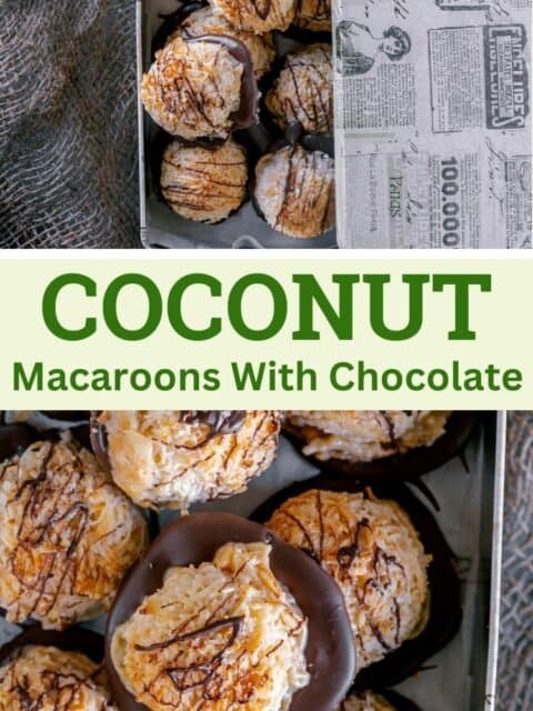 2 iimage collage of Chocolate Coconut Macaroons with text in the middle.