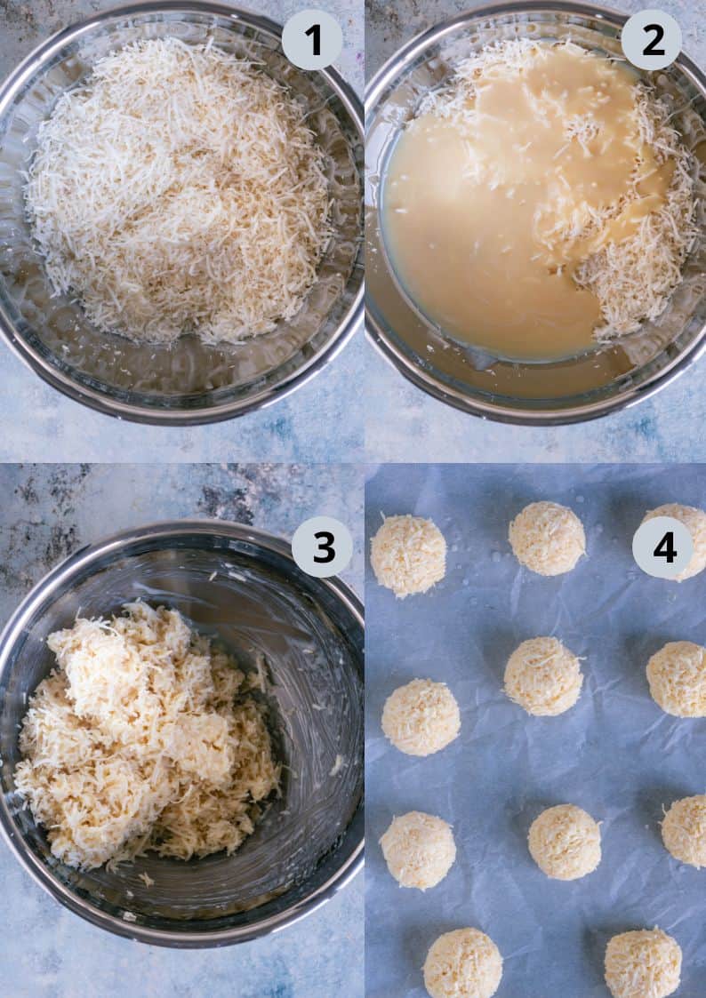 4 image collage showing the steps to make Easy Chocolate Coconut Macaroons at home.