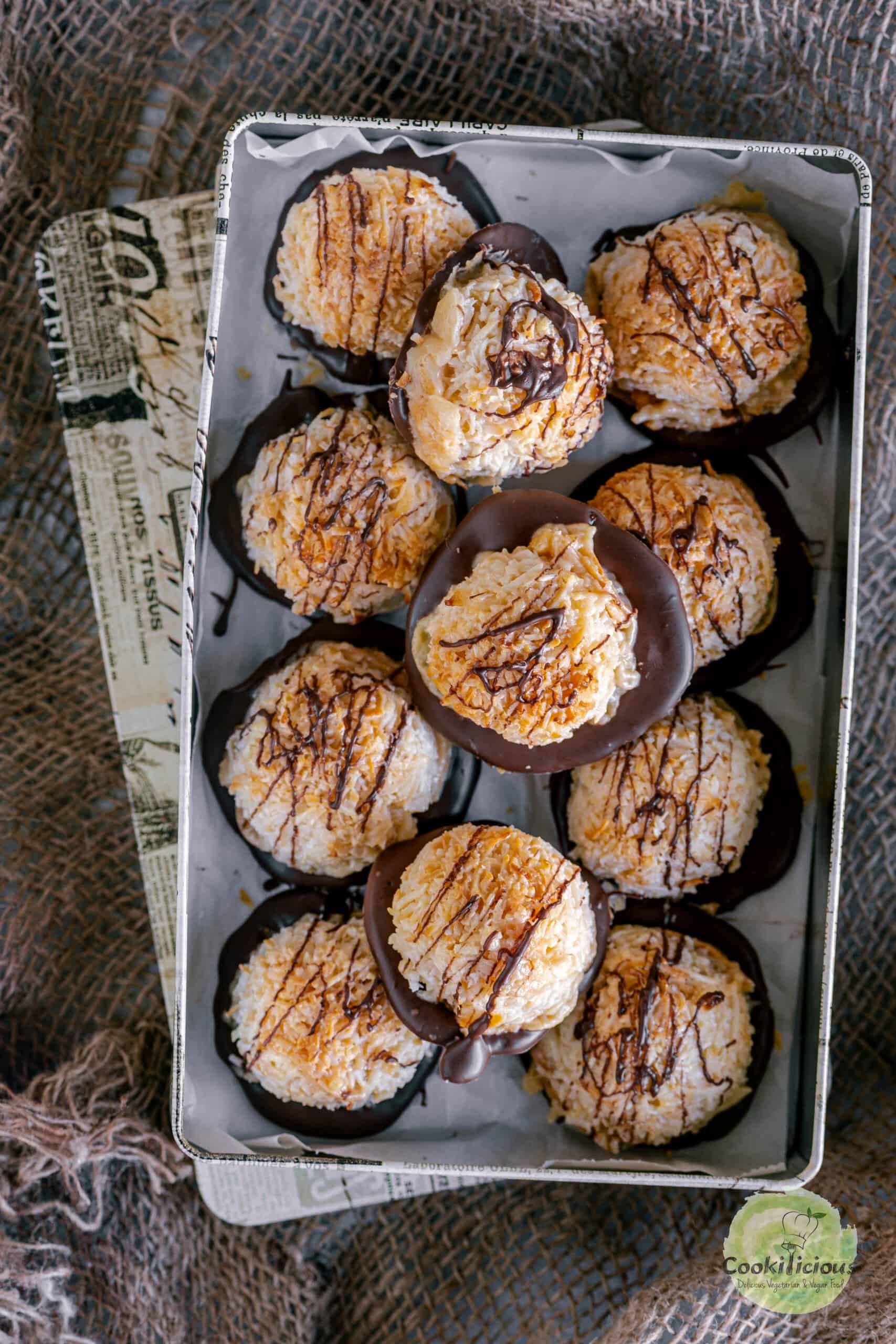 a box filled with Chocolate Coconut Macaroons.