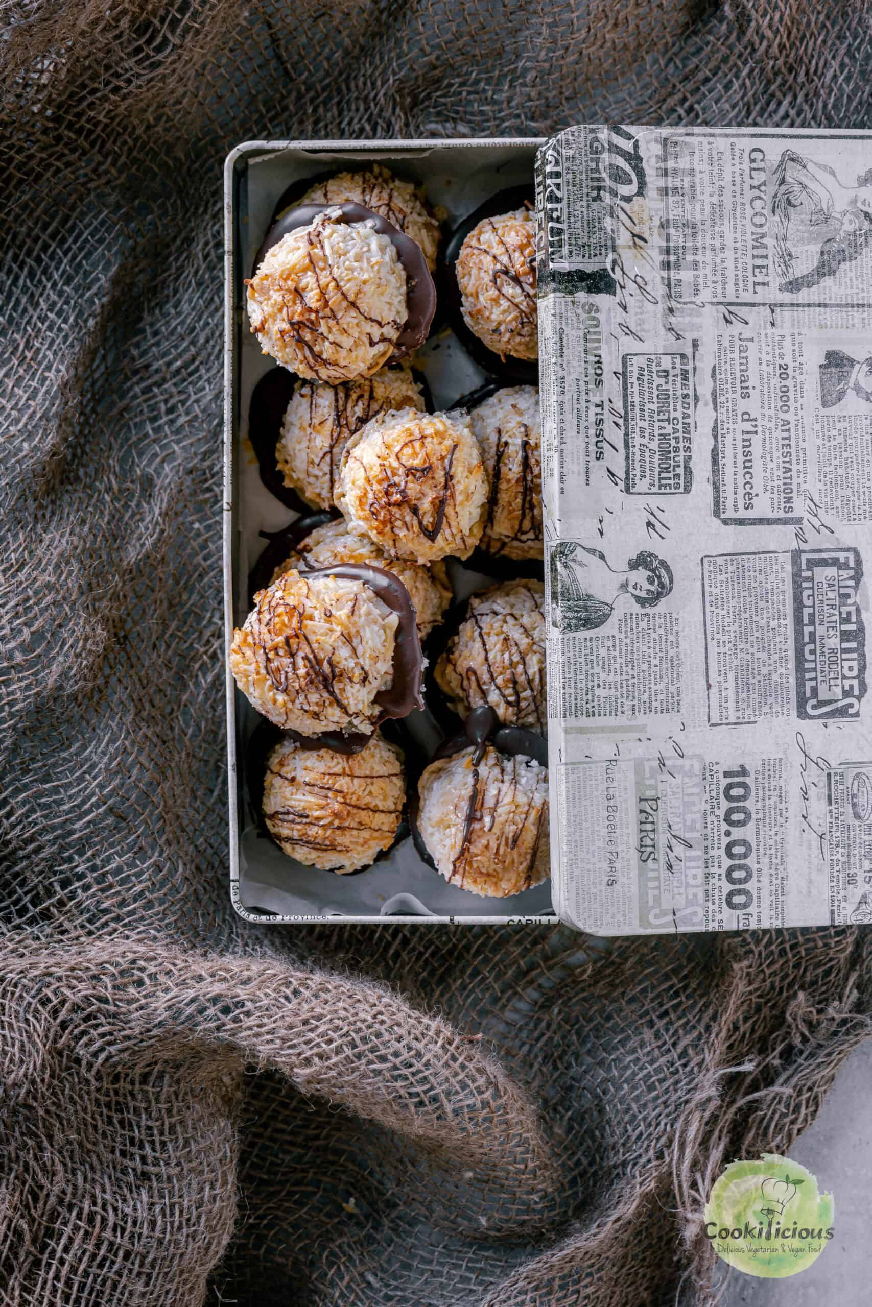 Chocolate Coconut Macaroons packed in a box for gifting.