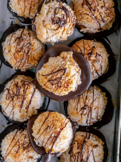 a box filled with Chocolate Coconut Macaroons and text at the top.