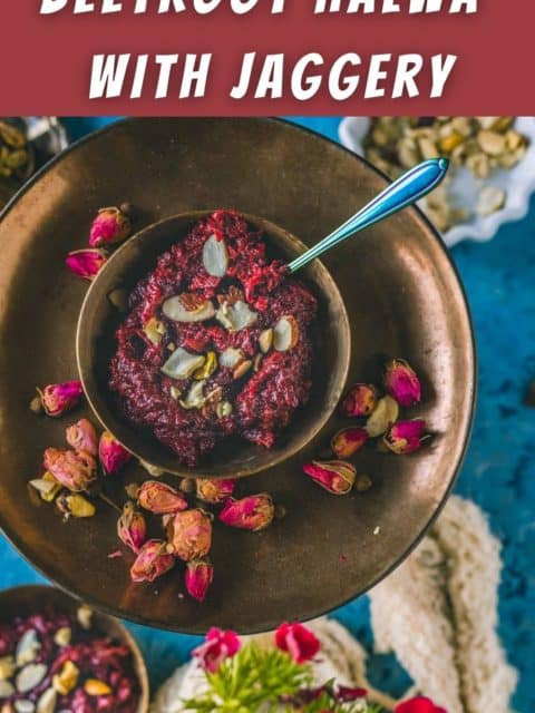 Beetroot Halwa served in a round plate with a spoon in it and text at the top and bottom