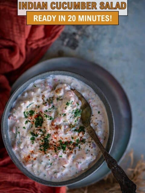 Pinterest pin graphic reading "Koshimbir, Indian Cucumber Salad, Ready in 20 Minutes" over a bowl of koshimbir with a spoon.