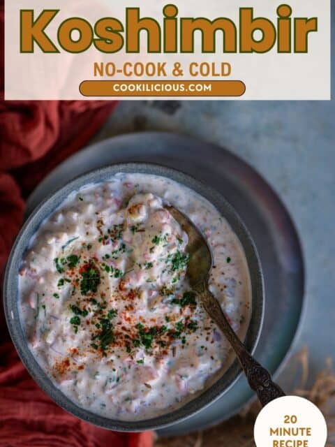 Pinterest pin graphic reading "Easy Vegetable Salad Recipe, Koshimbir, No-Cook & Cold, 20 Minute Recipe" over a bowl of koshimbir with a spoon.