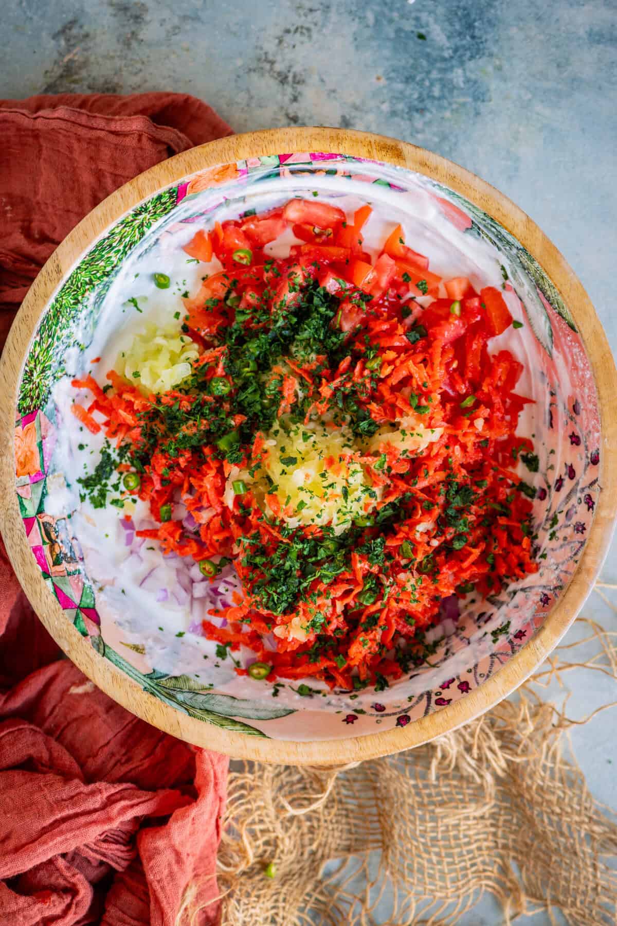 Minced green chilies and chopped cilantro added to koshimbir mixture.