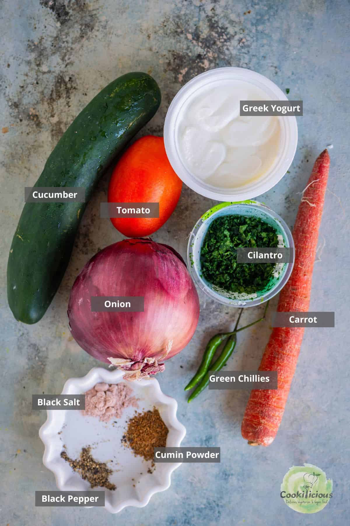 Labeled ingredients for koshimbir — cucumber, tomato, onion, carrot, cilantro, green chillies, Greek yogurt, black salt, cumin powder, and black pepper.