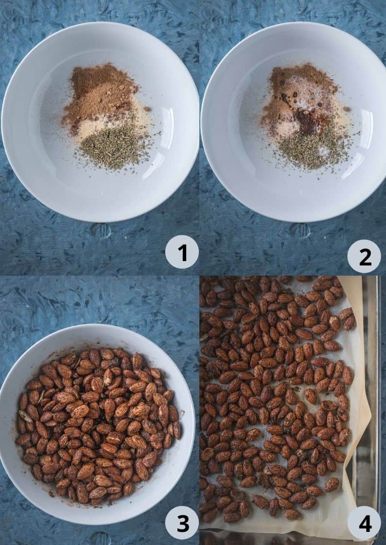 4 image collage showing the steps to make Smoky Spicy Garlic Roasted Almonds