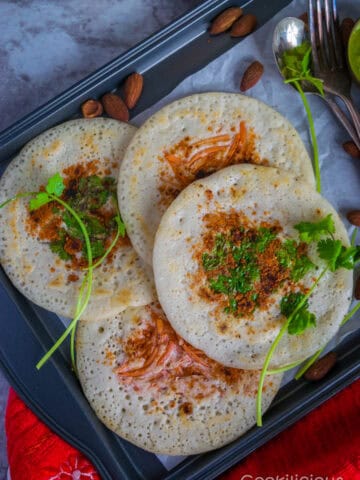 top shot of 4 uttapam made from dosa batter