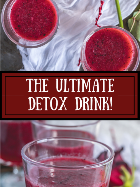 2 images of red detox drink with text in the middle