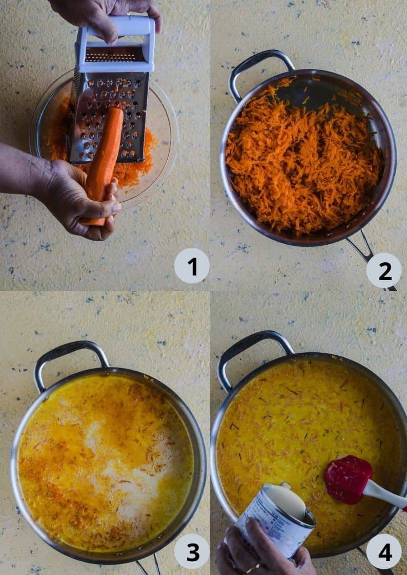 4 image collage showing the steps to make Carrot Halwa Ice Cream