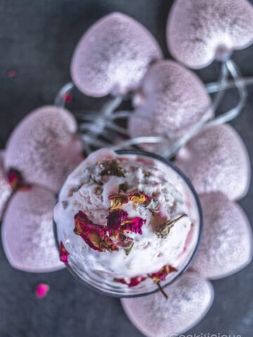 Top view shot of No-Churn Rose Gulkand Ice Cream garnished with dried rose petals