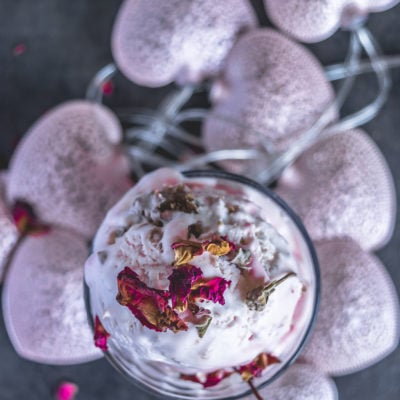 Top view shot of No-Churn Rose Gulkand Ice Cream garnished with dried rose petals