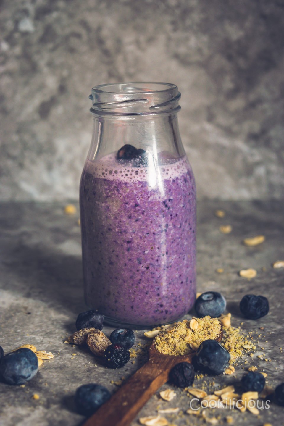 Front view of a glass filled with Vegan Blueberry Pancake Almond Milk Smoothie 
