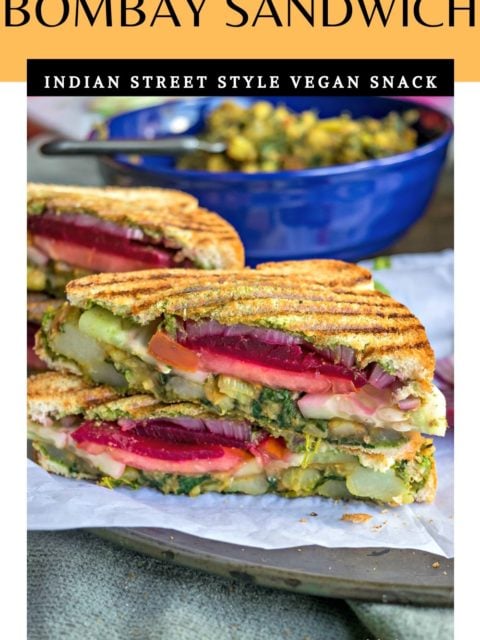 close up shot of 2 slices of Bombay Sandwich | Vegan Grilled Sandwich and text at the top