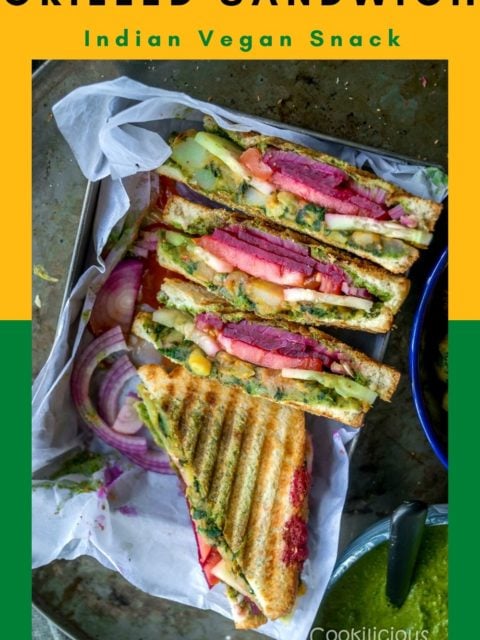 Bombay Sandwich | Vegan Grilled Sandwich slices placed in a tray and text at the top