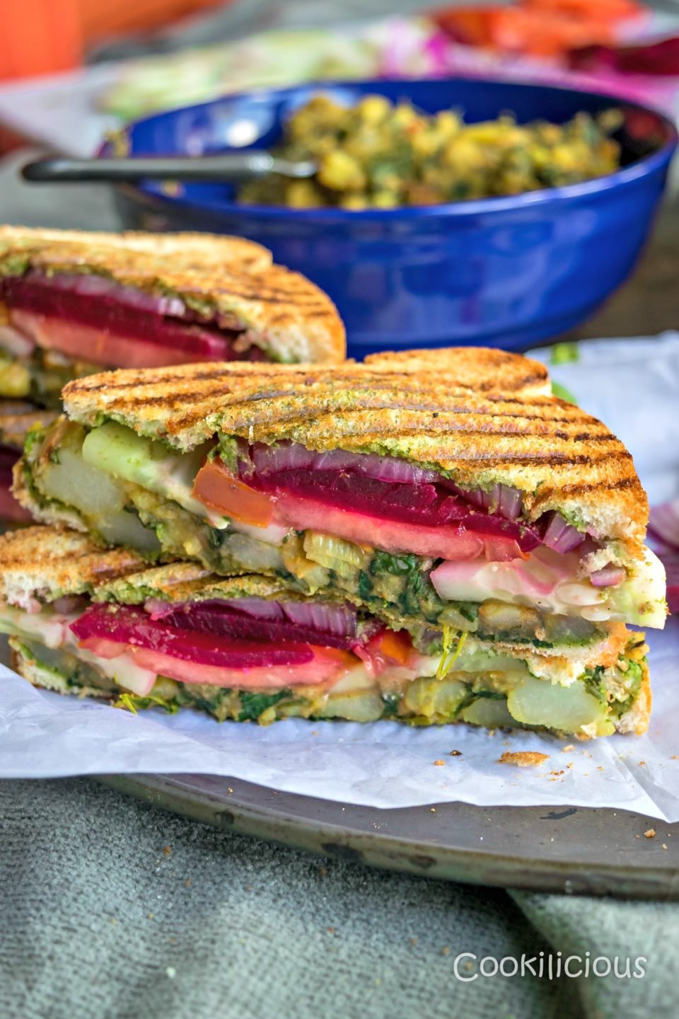 close up shot of 2 slices of Bombay Sandwich | Vegan Grilled Sandwich