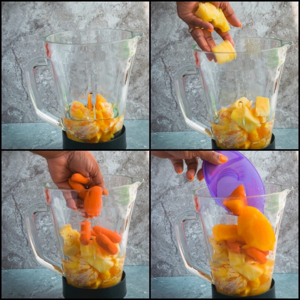 4 images showing the process to make Immune Boosting Sunshine Smoothie