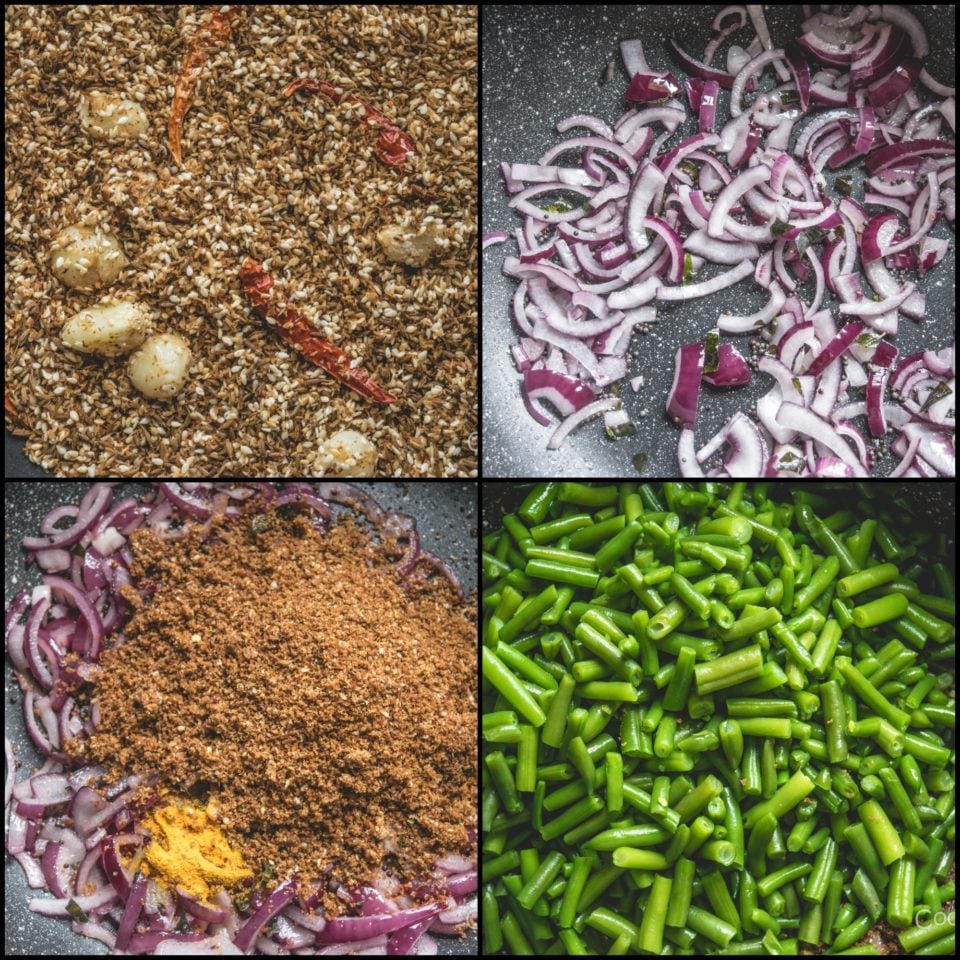 4 images showing the steps to make Sesame Flavored Green Beans Stir Fry