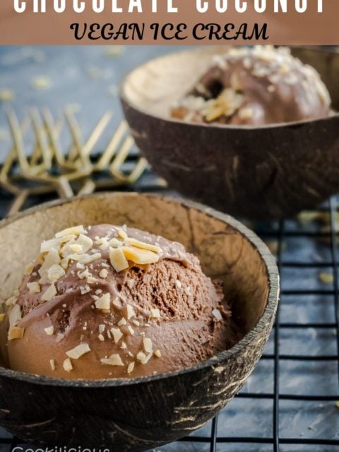Coconut Chocolate Dairy-Free Ice Cream in two coconut bowls and text at the top