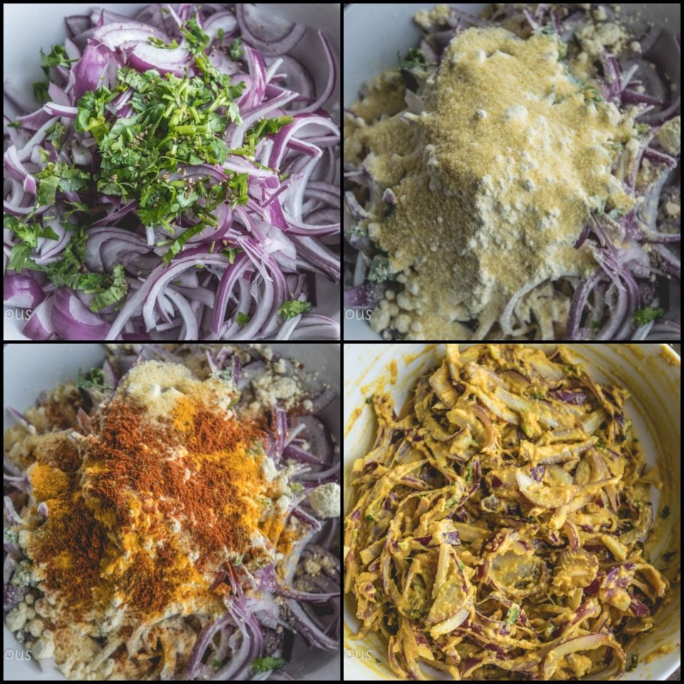4 image collage showing the process to make Vegan Crispy Onion Pakoda | Fried Kanda Bhajiya
