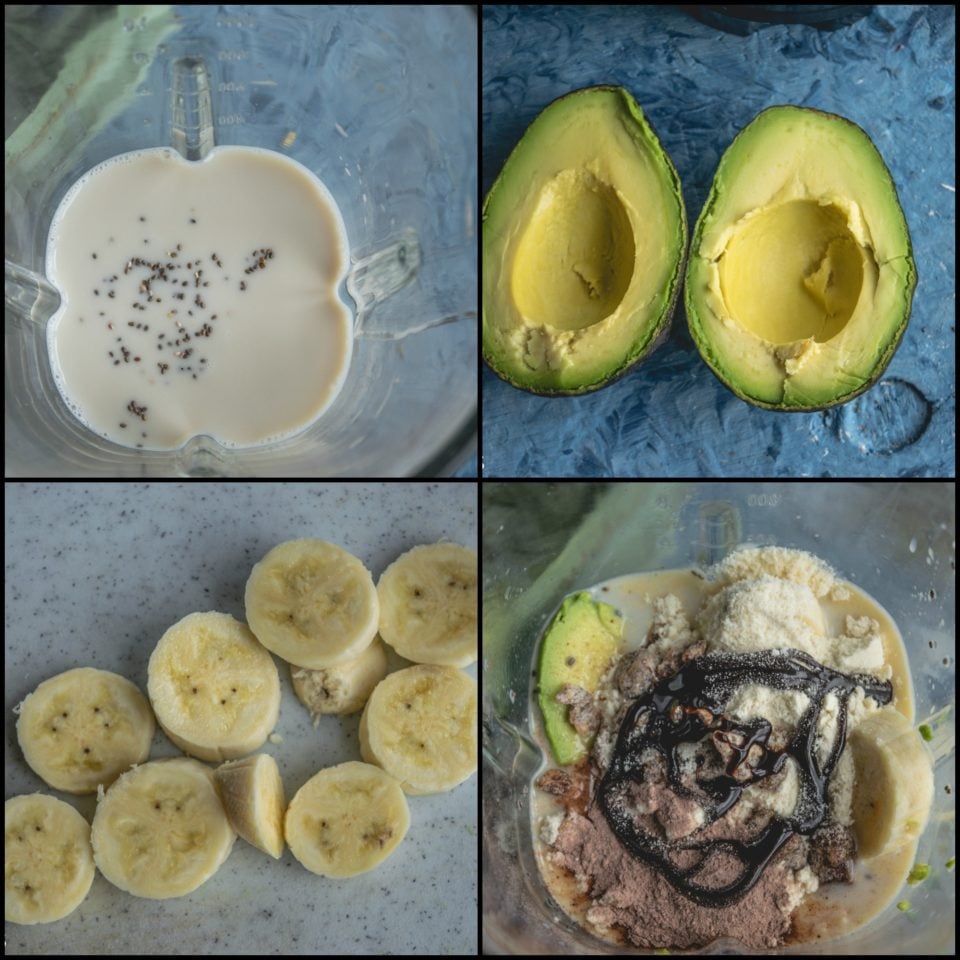 4 image collage showing the steps to make Chocolate Avocado Smoothie