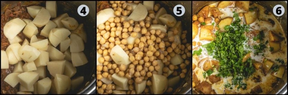 3 image collage showing how to make Instant Pot Potato Chickpeas Vegan Curry