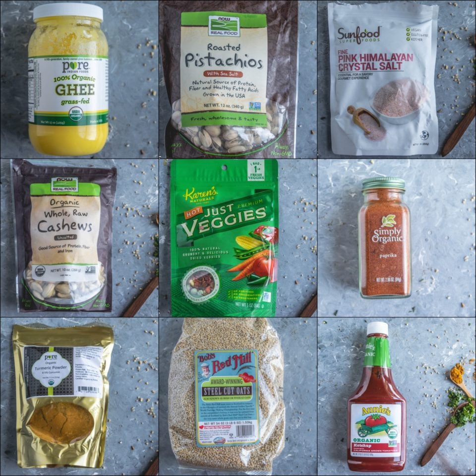 9 image collage showing the ingredients used to make Instant Pot Oats & Vegetable Upma