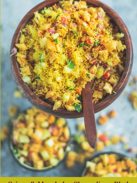 a bowl filled with 2 bowls containing Crispy & Masaledar Cheeselings Bhel and text at the bottom