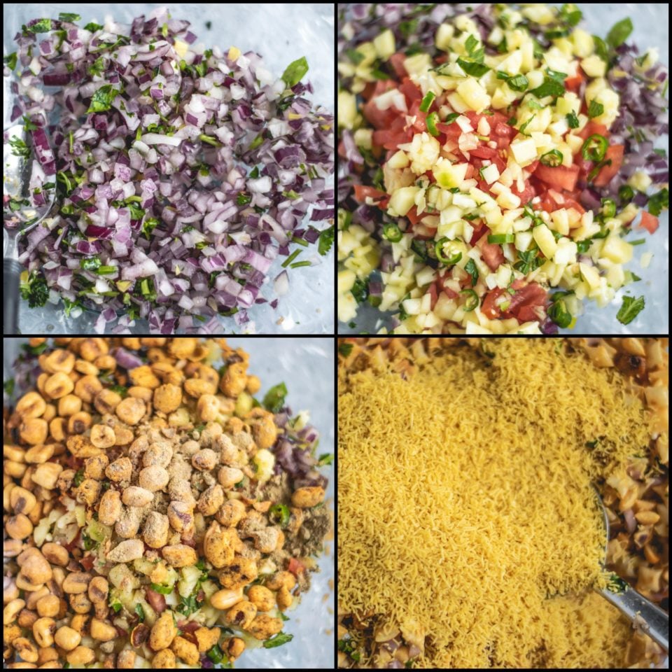 4 image collage showing the steps to make 2 bowls containing Crispy & Masaledar Cheeselings Bhel