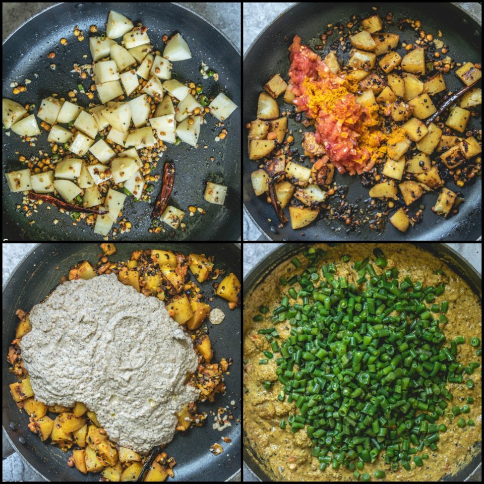 4 image collage showing the steps to make Green Beans & Potato Gravy