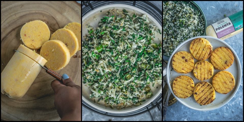 3 image collage showing how to make Polenta & Cilantro Savory Bites (vegan gluten free recipes)