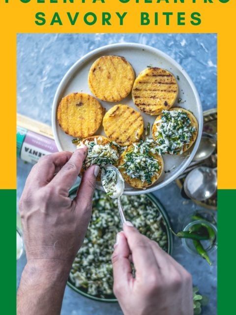 a set of hands spreading the masala over the grilled polenta and text at the top