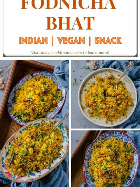 3 image collage of Indian seasoned rice called fodnicha bhat with text at the top.